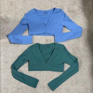 Garage Ribbed V-Neck Long Sleeve Crop Top Duo - Light Blue & Teal